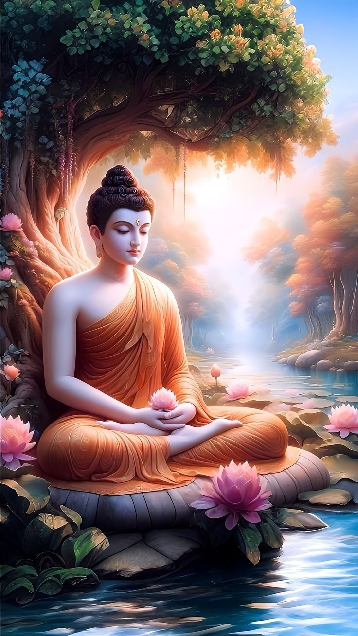 Buddha meditating under Bodhi tree