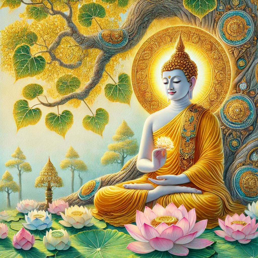 Buddha meditating under Bodhi tree