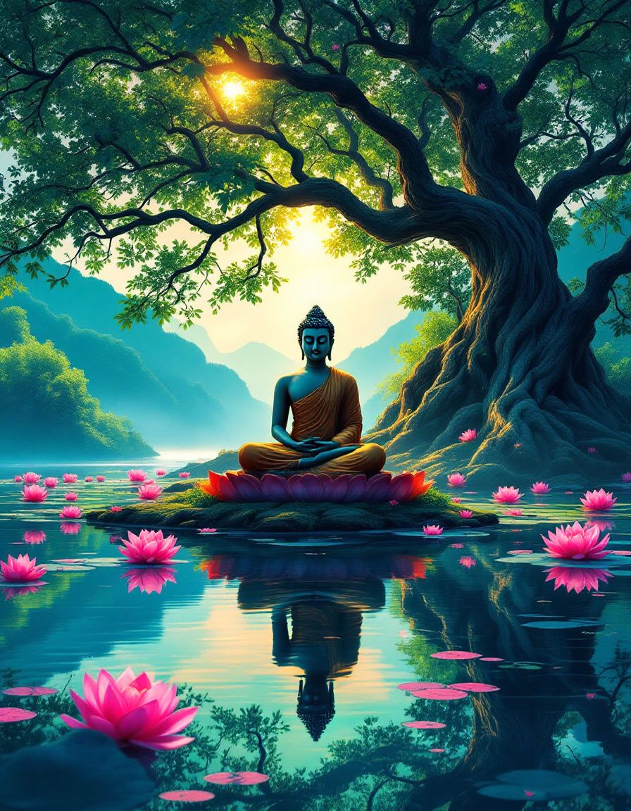 Buddha meditating under a Bodhi tree
