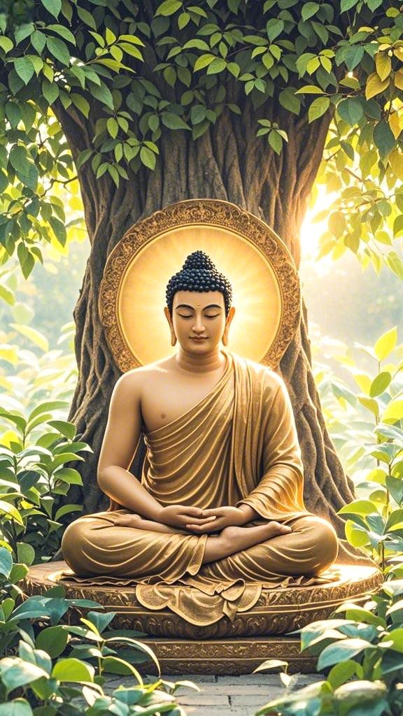 Buddha meditating beneath Bodhi tree.