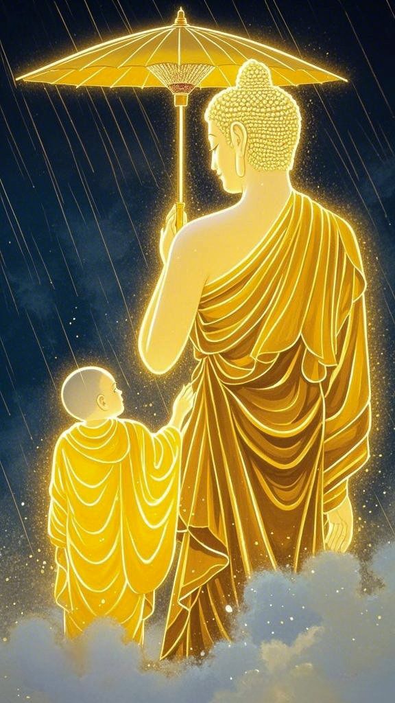 Buddha sheltering disciple in the rain