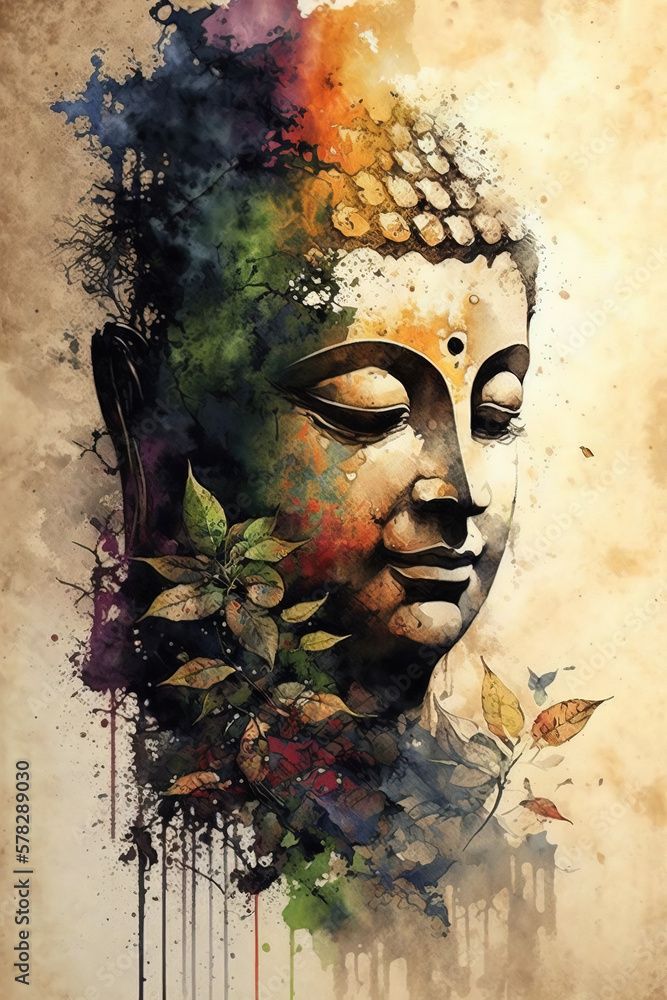 Colorful Buddha portrait with floral elements