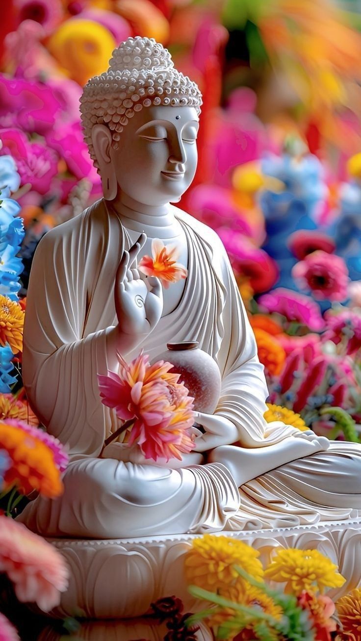 Buddha statue amidst colorful flowers