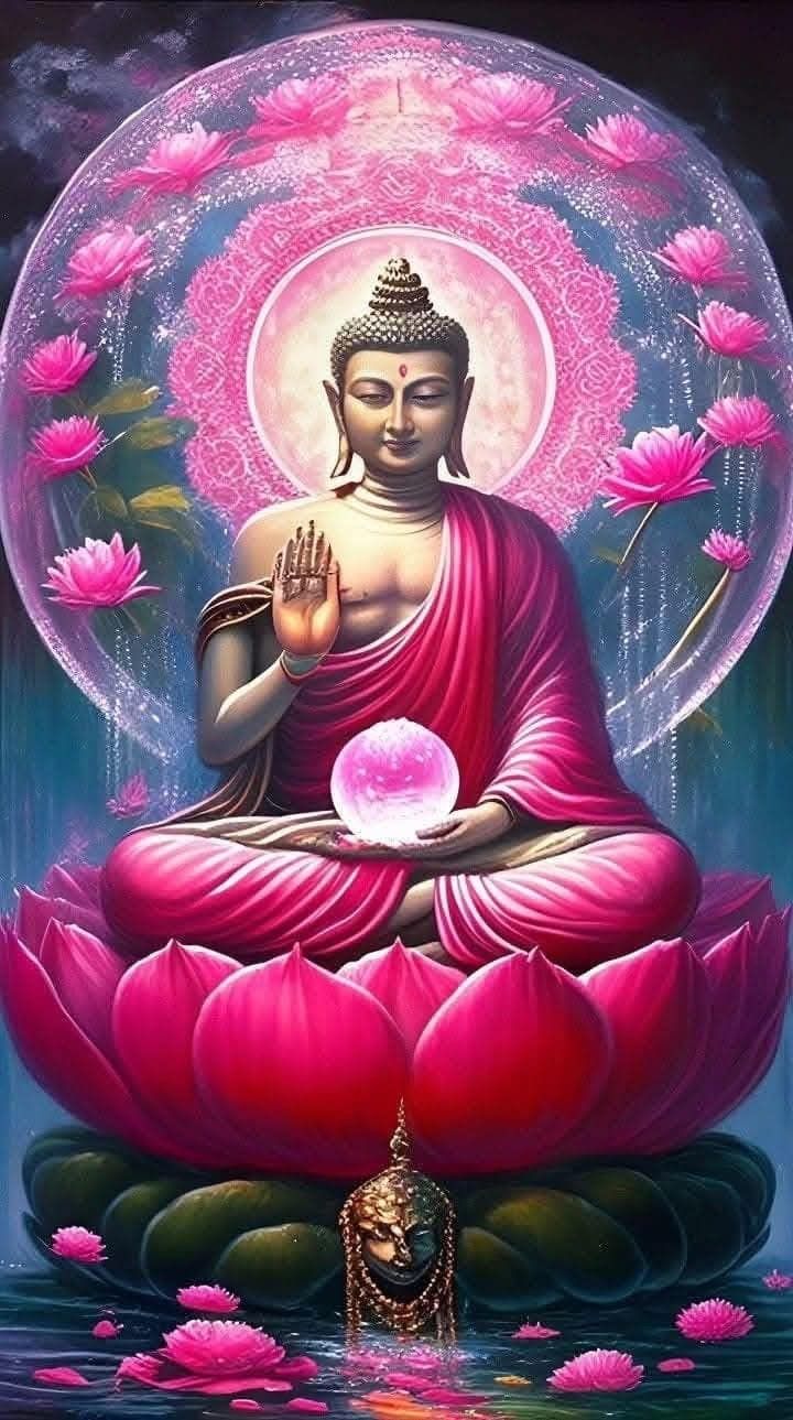 Buddha meditating amidst pink lotus flowers