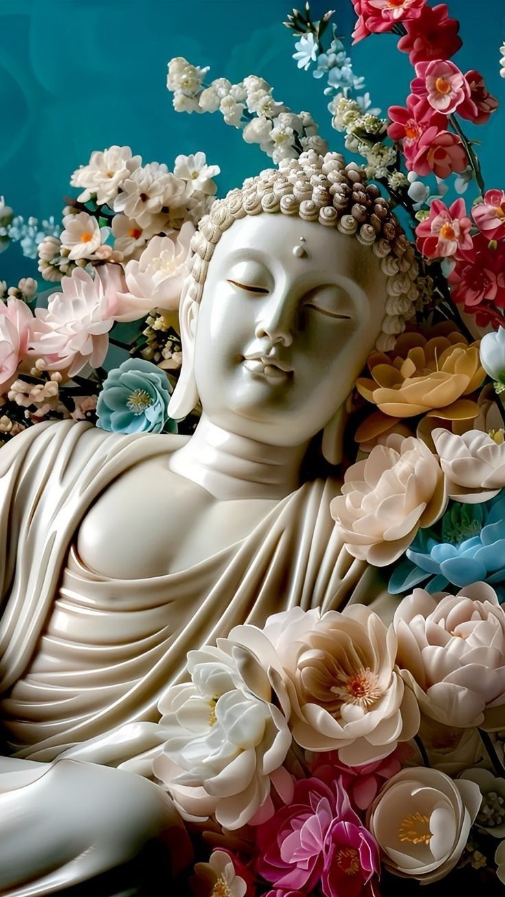 Buddha surrounded by beautiful blossoming flowers