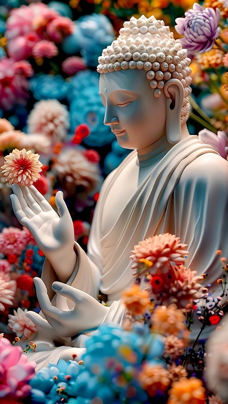 Buddha surrounded by colorful flowers
