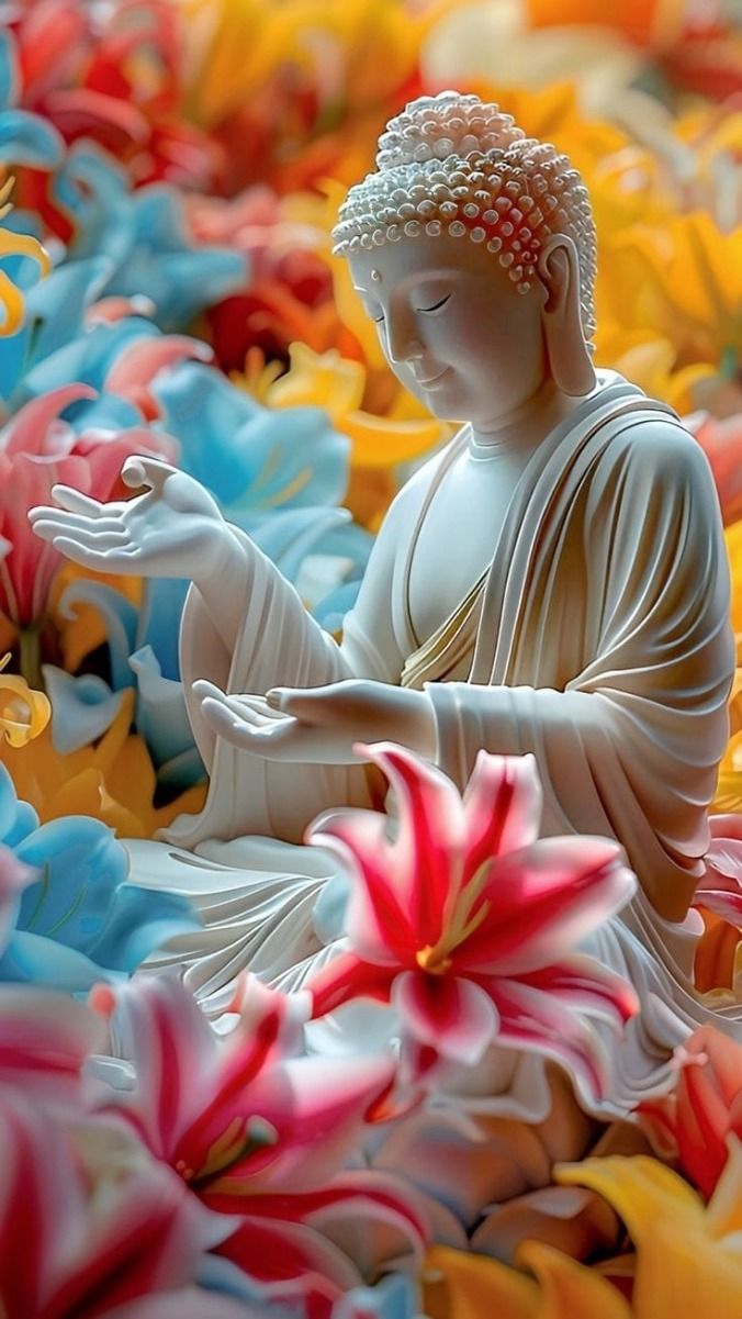 Buddha surrounded by colorful lotus flowers.