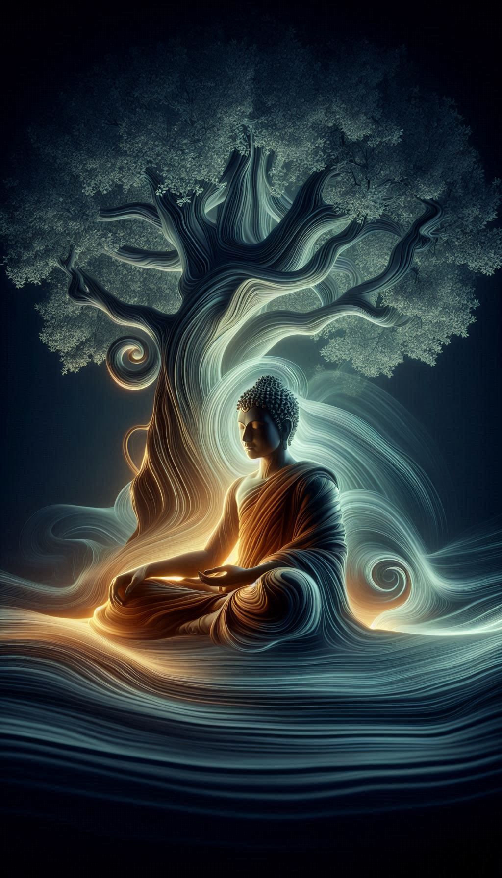 Buddha meditating under Bodhi tree