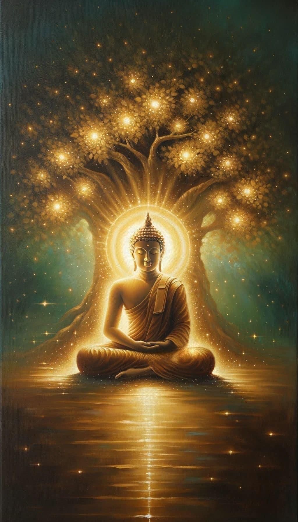 Buddha meditating under Bodhi tree