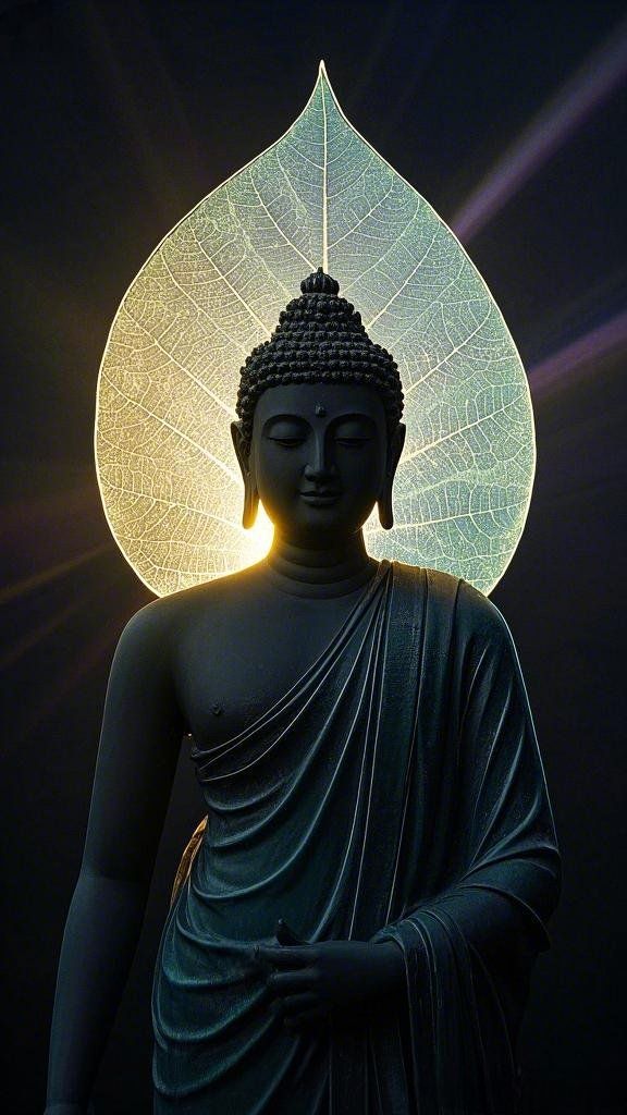 Buddha under Bodhi leaf, serene portrait.