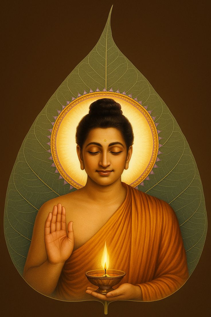 Buddha meditating under a Bodhi leaf