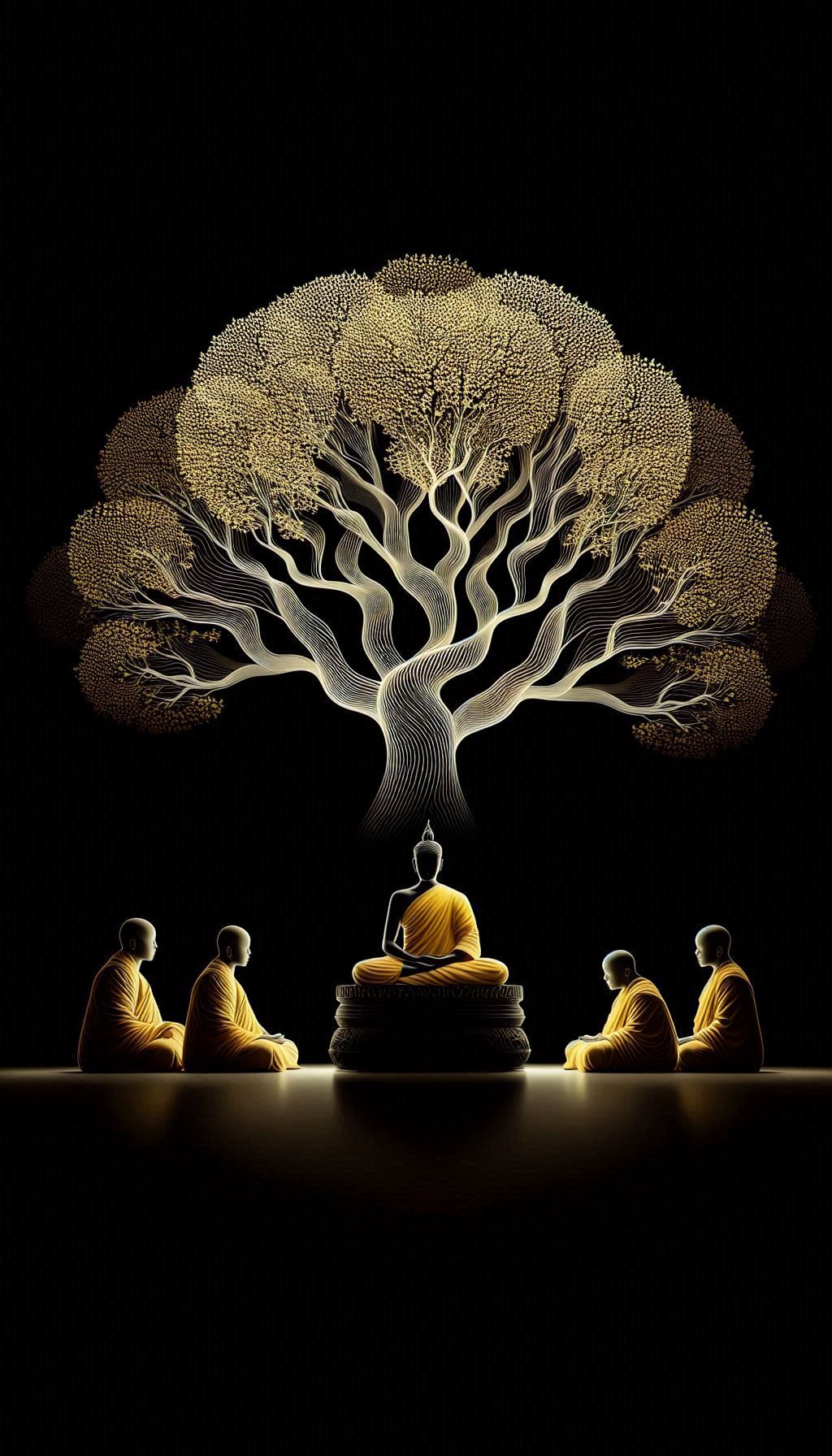 Buddha meditating beneath Bodhi tree.