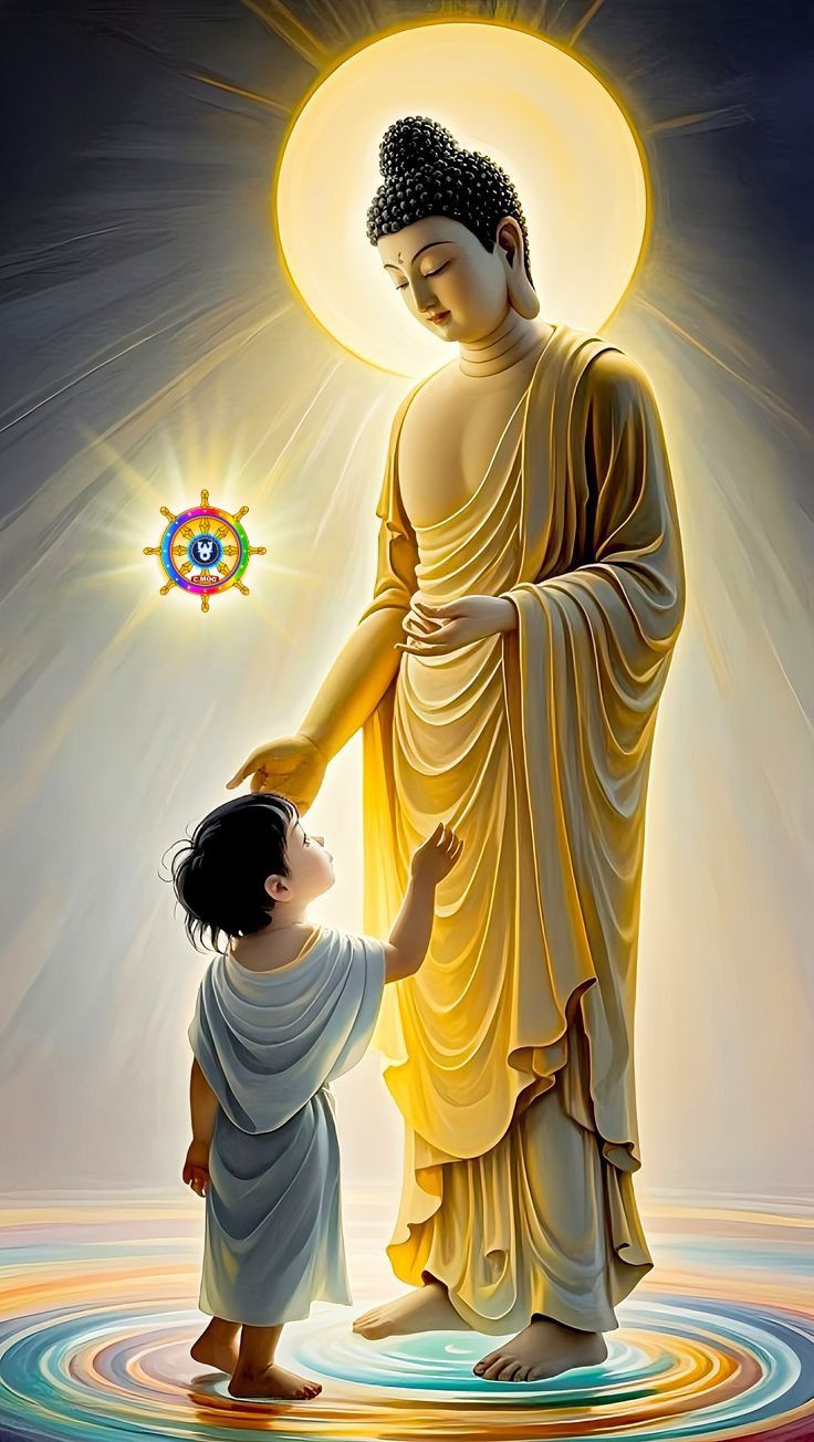 Buddha blessing a child, golden aura