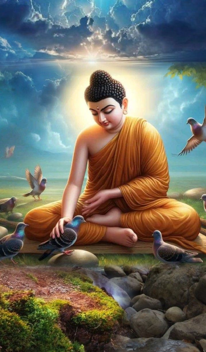 Buddha with doves, peaceful meditation scene