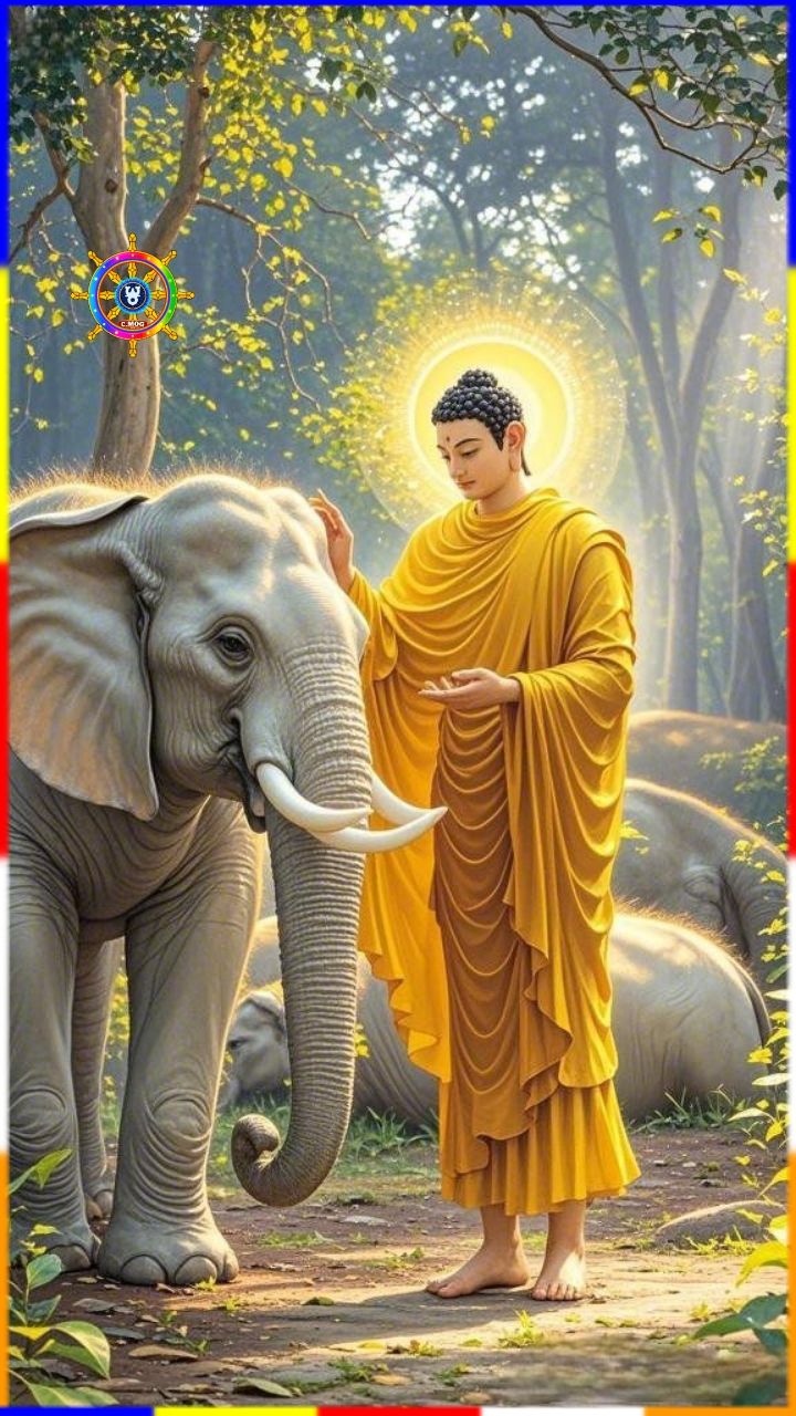Buddha with elephant in serene forest