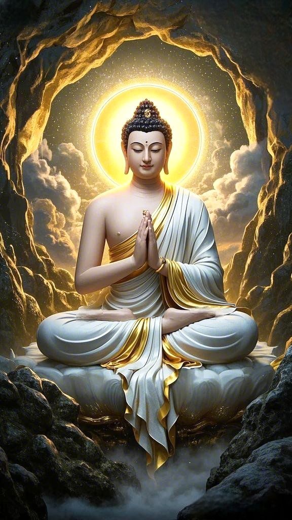 Buddha meditating in a golden cave