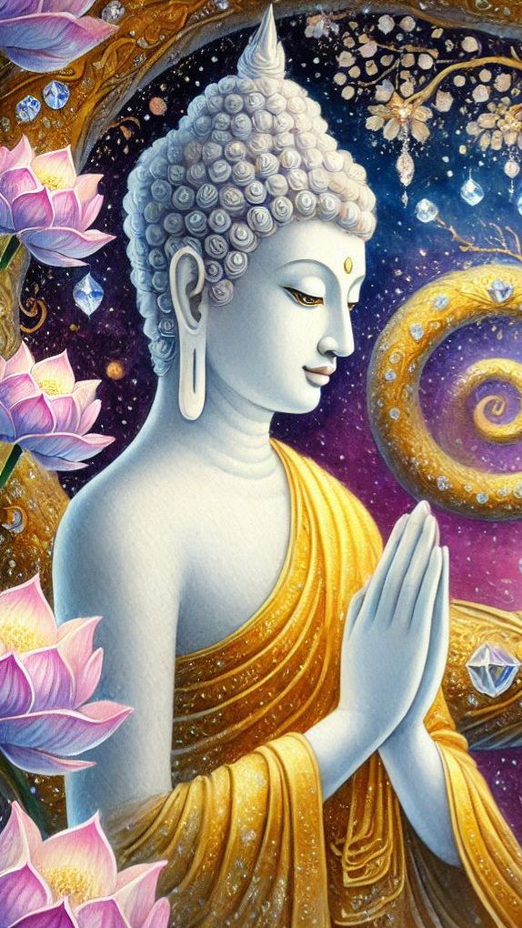 Buddha in meditative prayer, cosmic background.