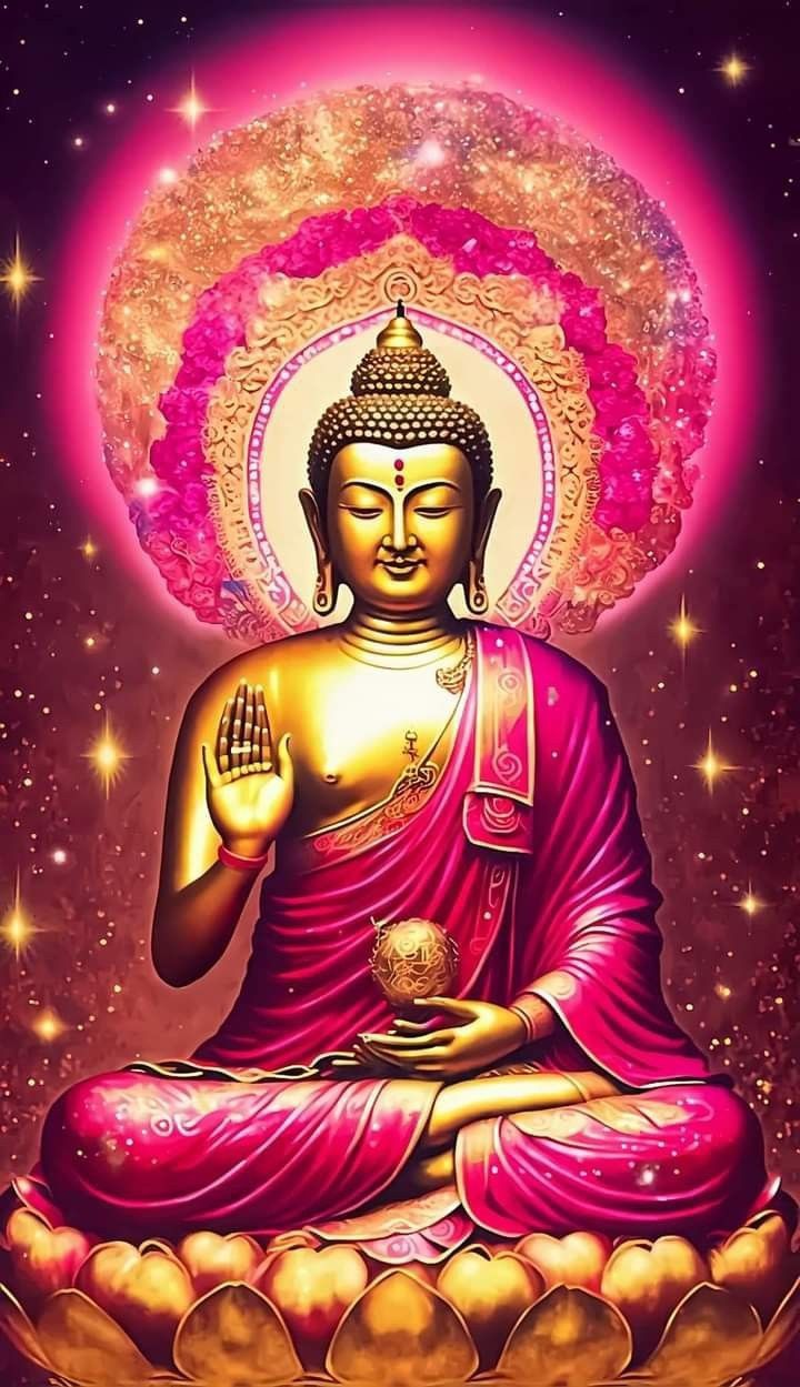 Buddha in meditative pose, cosmic background