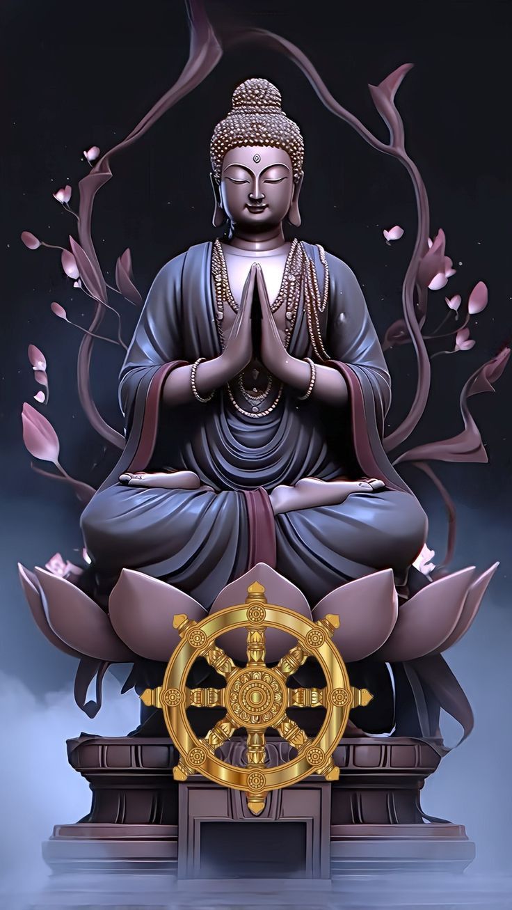 Buddha meditating with Dharma wheel.