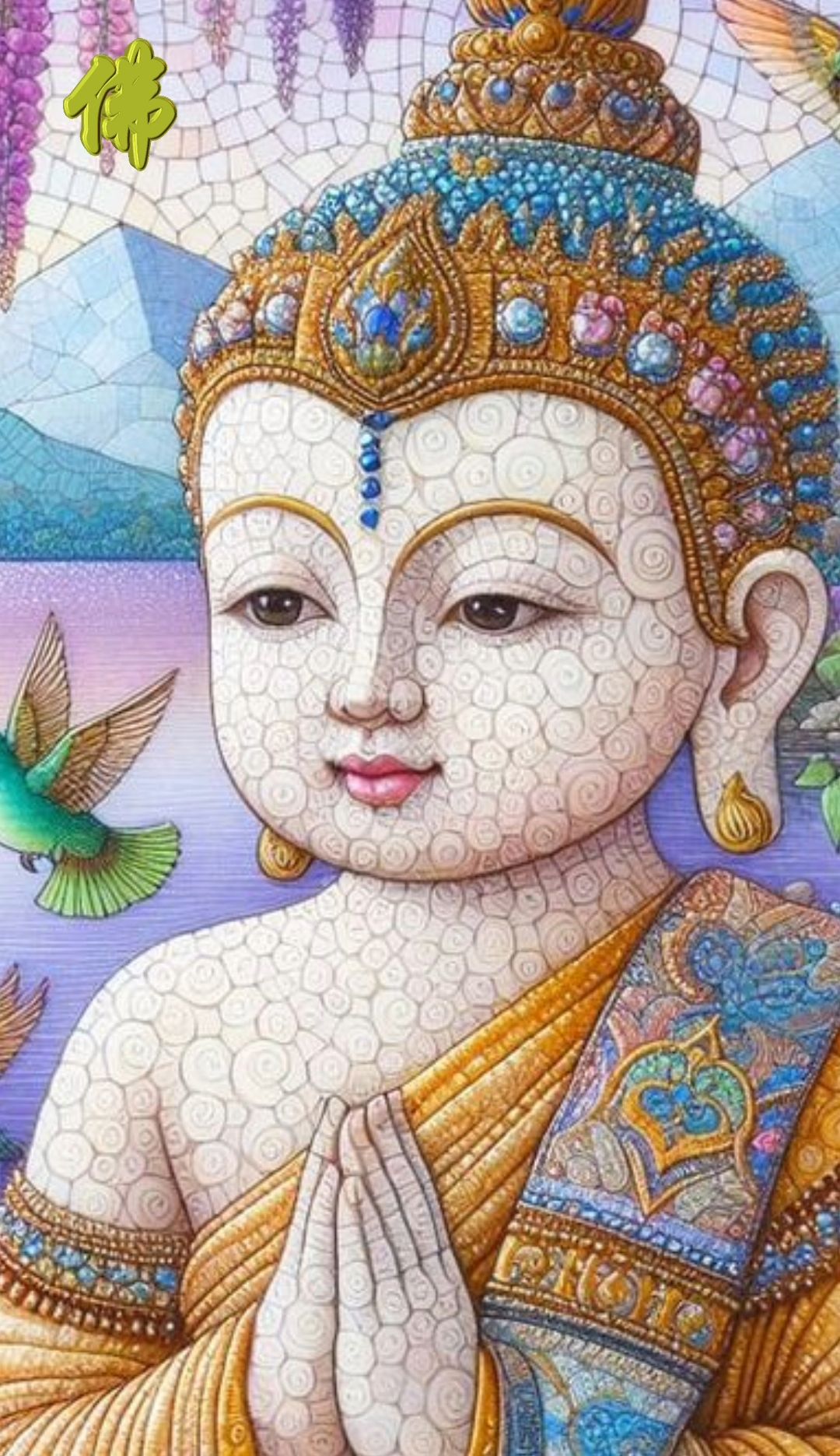 Buddha in prayerful pose, vibrant artwork