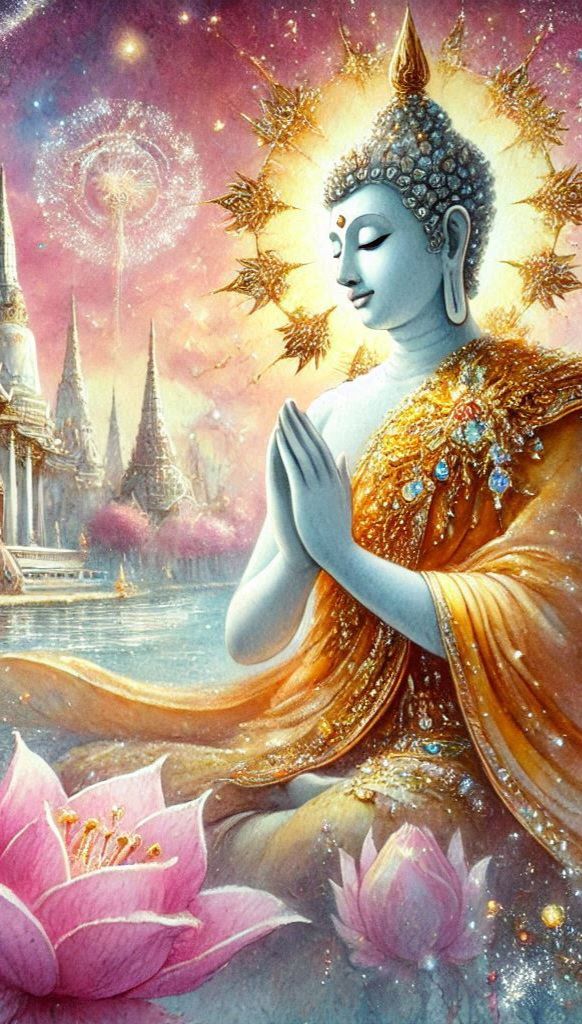 Buddha in prayer amidst cosmic temples