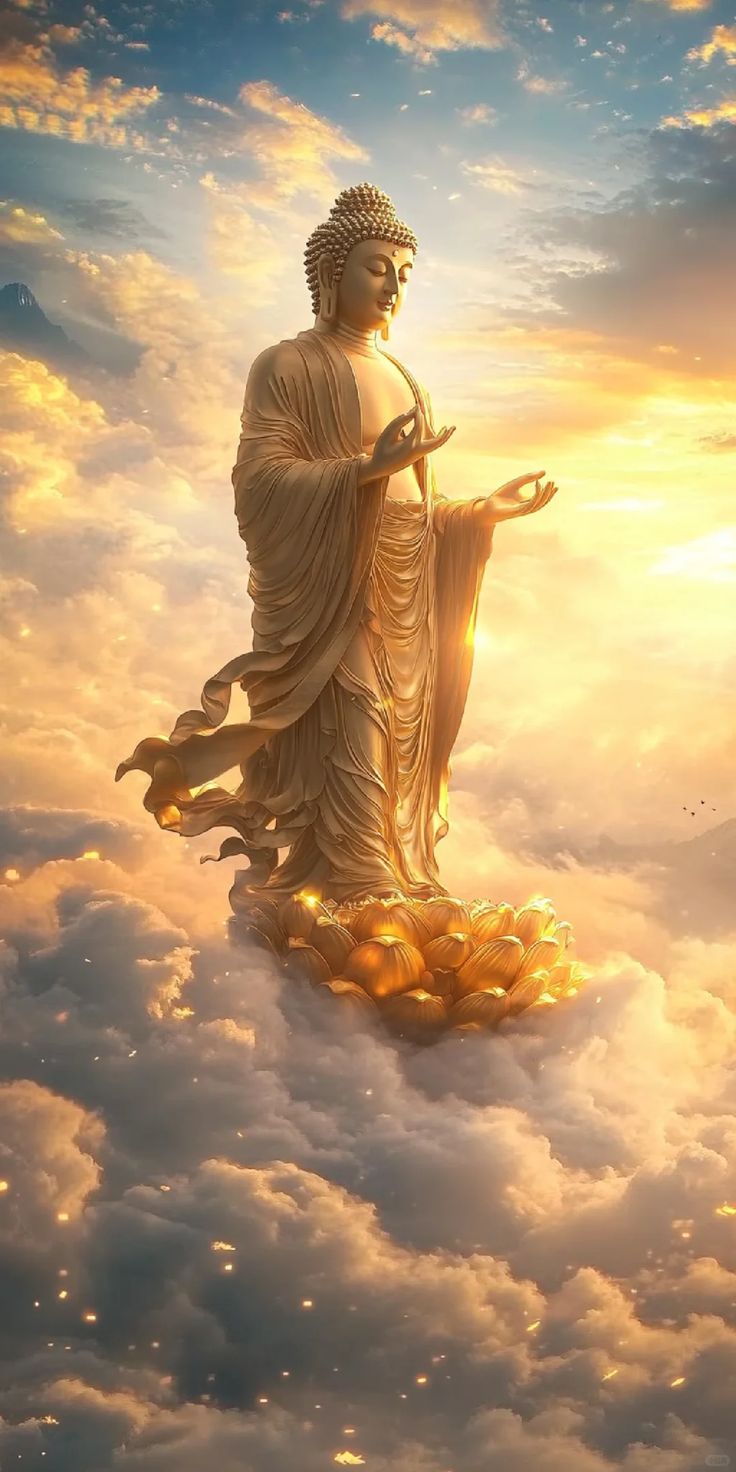 Buddha statue amidst golden clouds