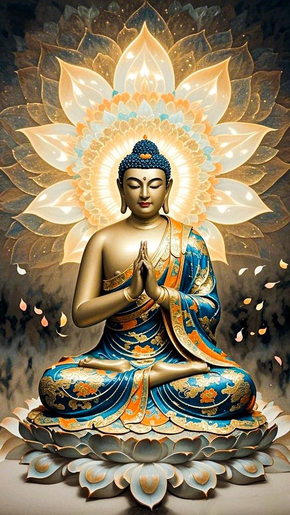 Buddha meditating amidst a lotus bloom.