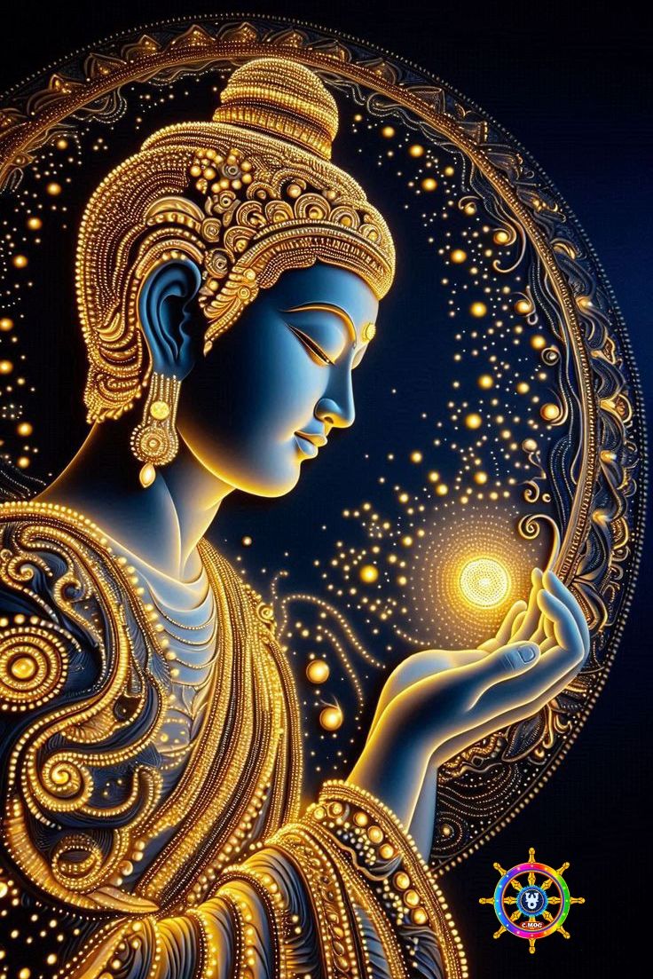 Buddha radiating golden light, serene face