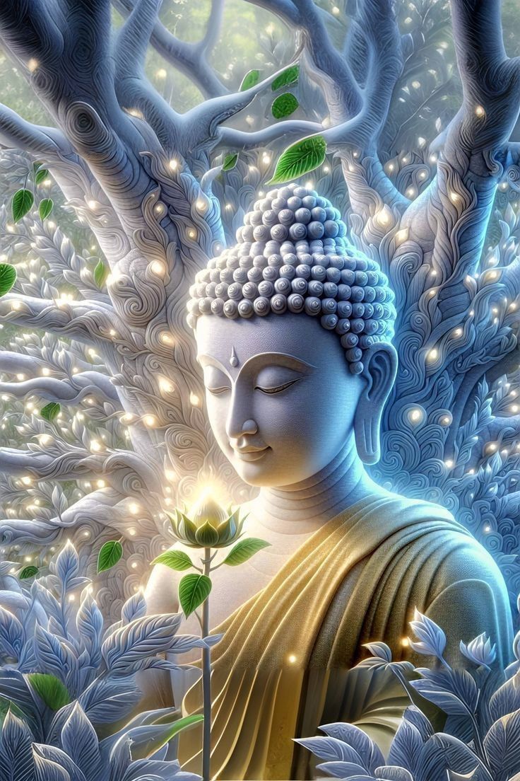 Buddha meditating under celestial tree.