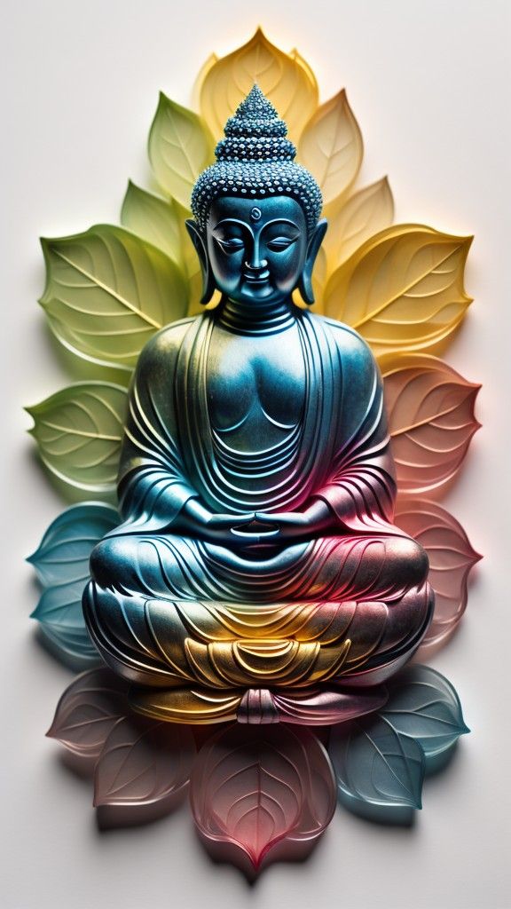 Buddha meditating amidst rainbow lotus petals