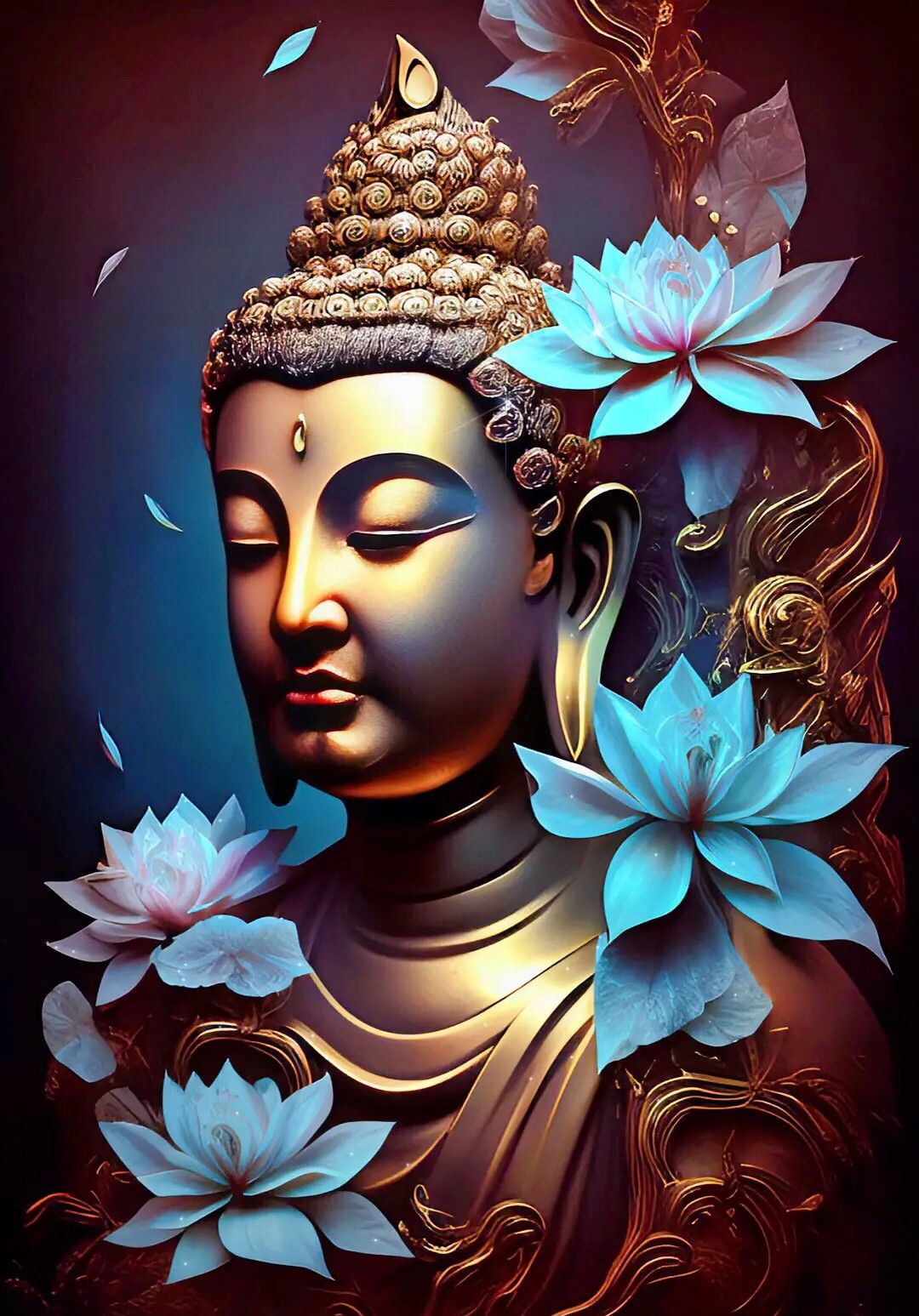 Buddha amidst blooming lotus flowers.