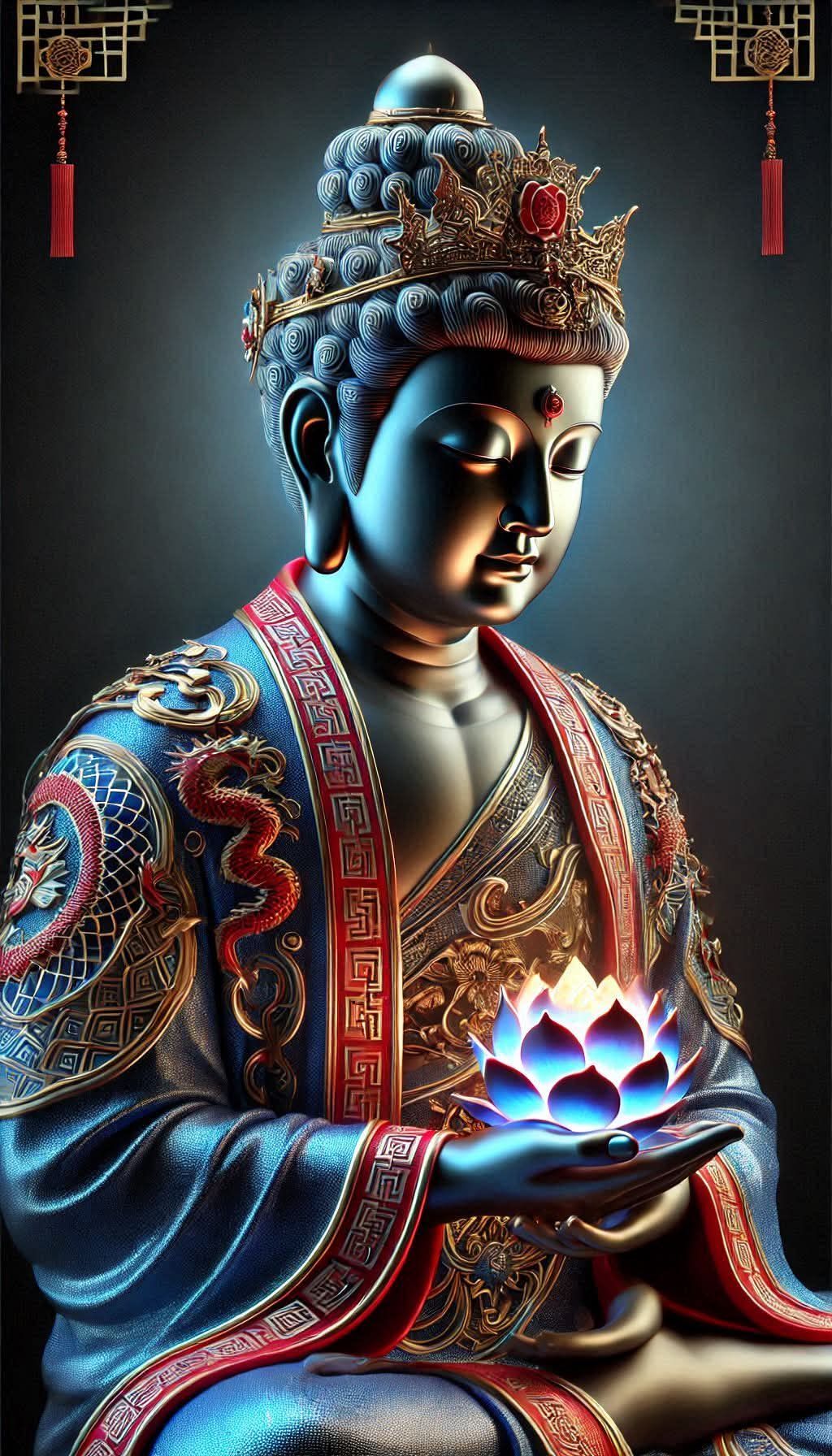 Buddha holding a glowing lotus flower.