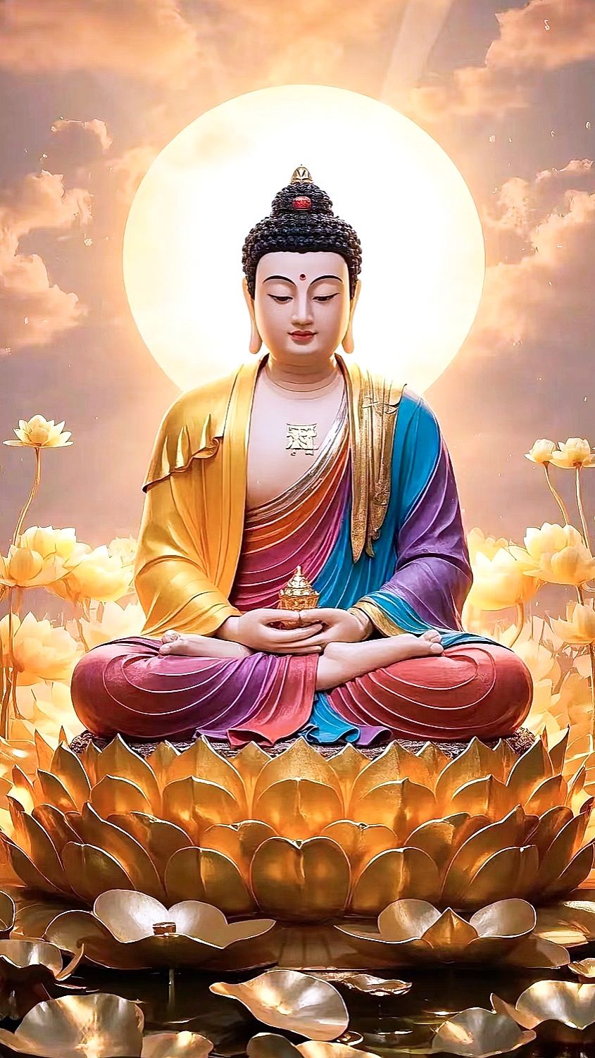 Buddha meditating on lotus blossoms