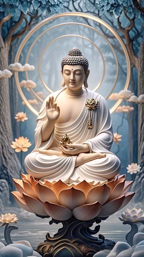 Buddha meditating on a lotus flower.
