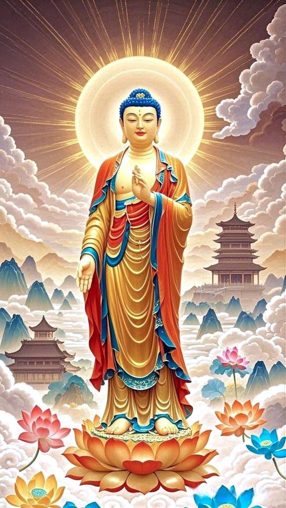 Buddha seated on a lotus flower.