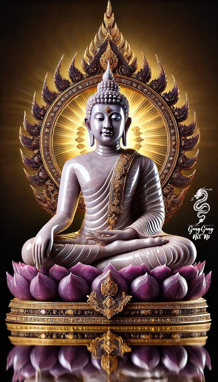 Buddha meditating on a lotus flower.