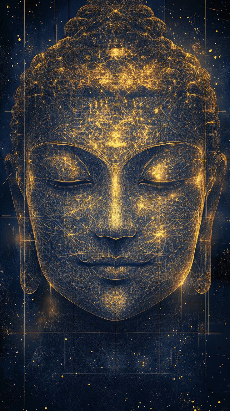 Golden Buddha face, cosmic lines, serene.