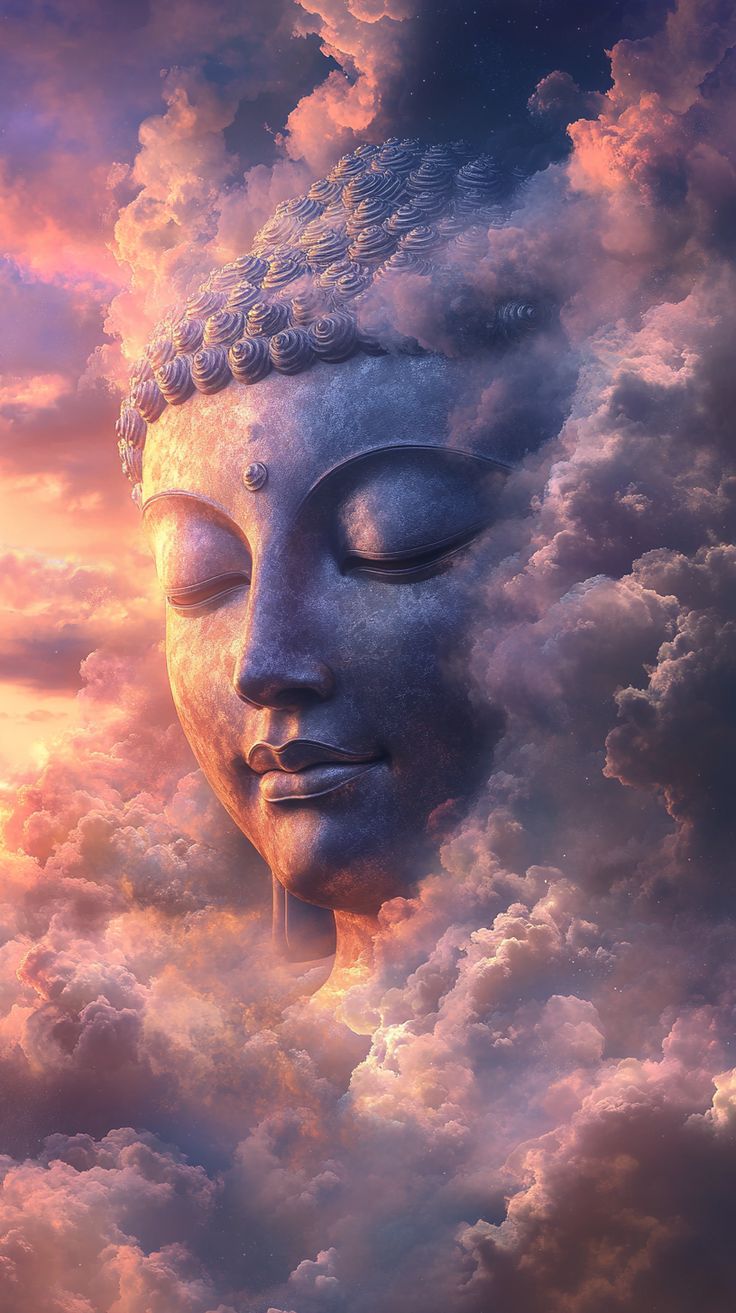 Buddha’s face amidst swirling clouds.