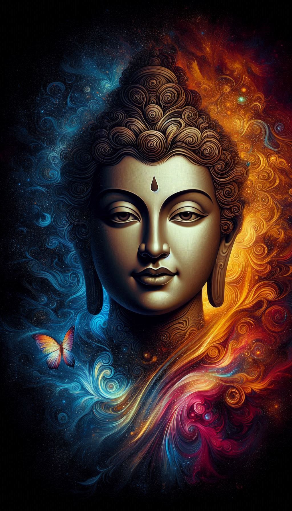 Buddha face with cosmic energy swirls