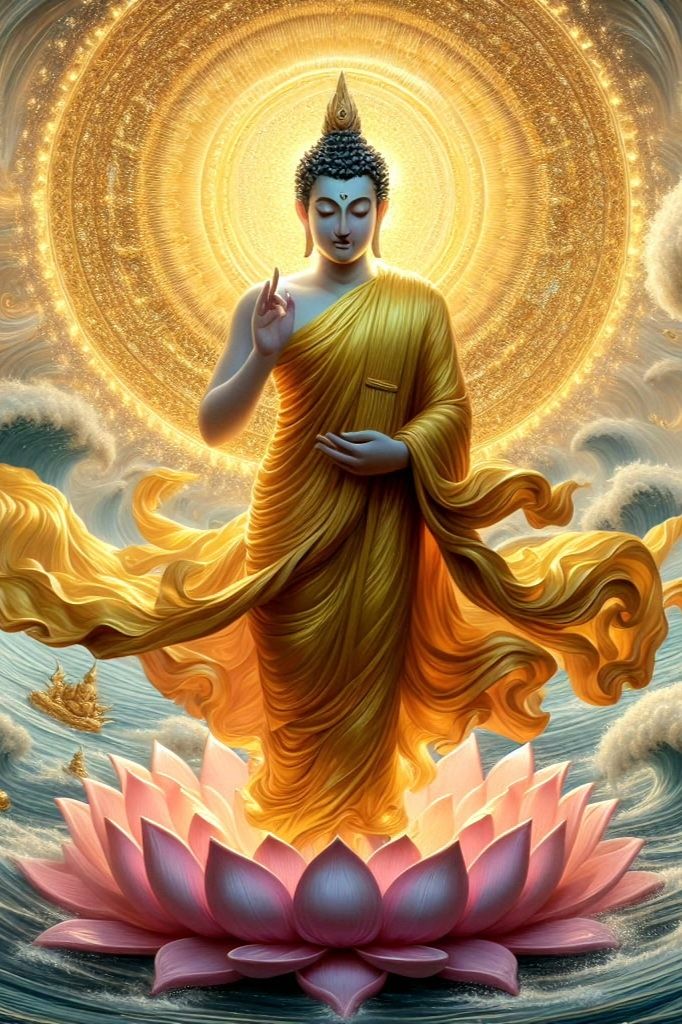 Buddha radiating peace above the ocean