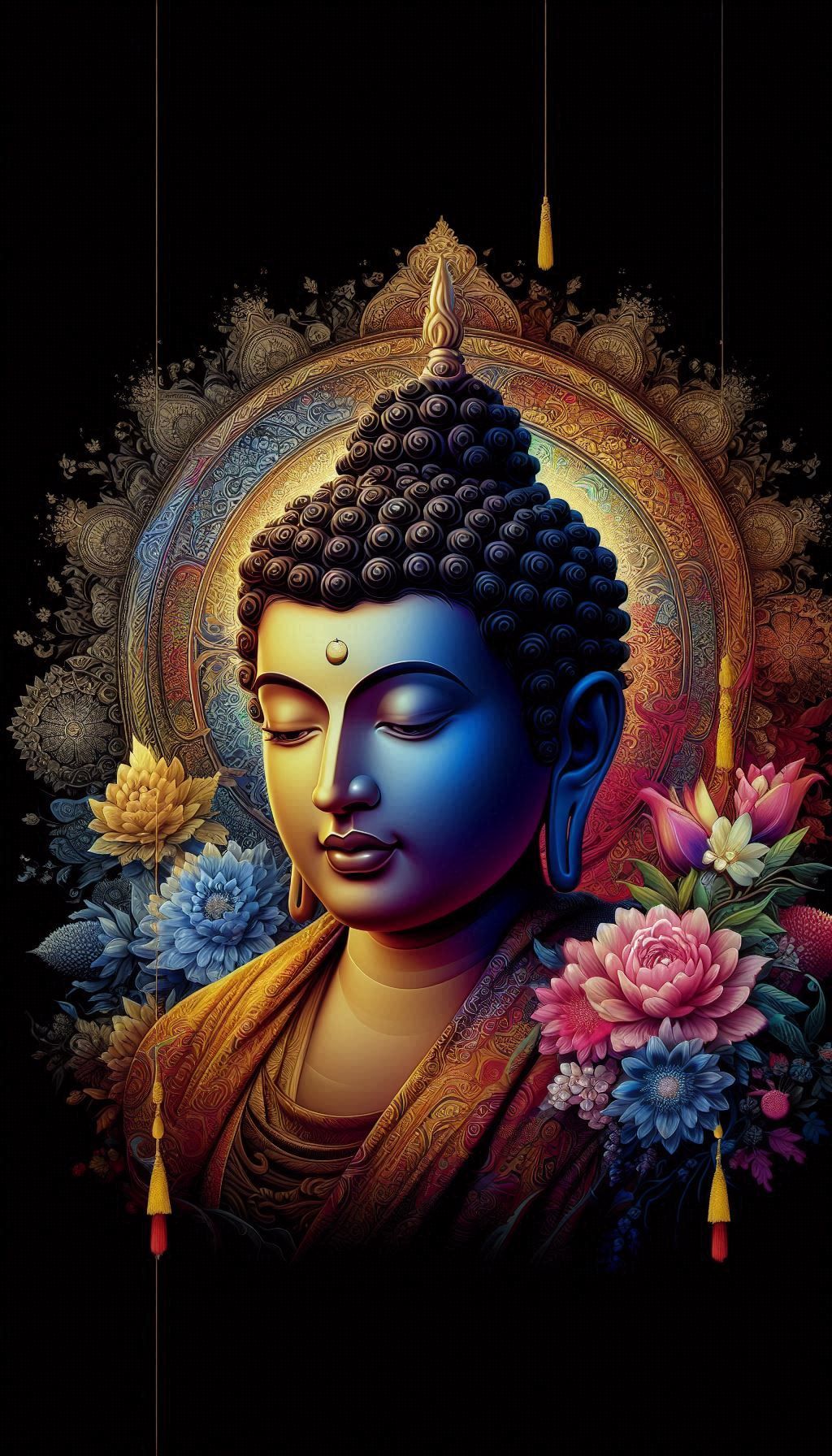 Buddha surrounded by vibrant lotus flowers