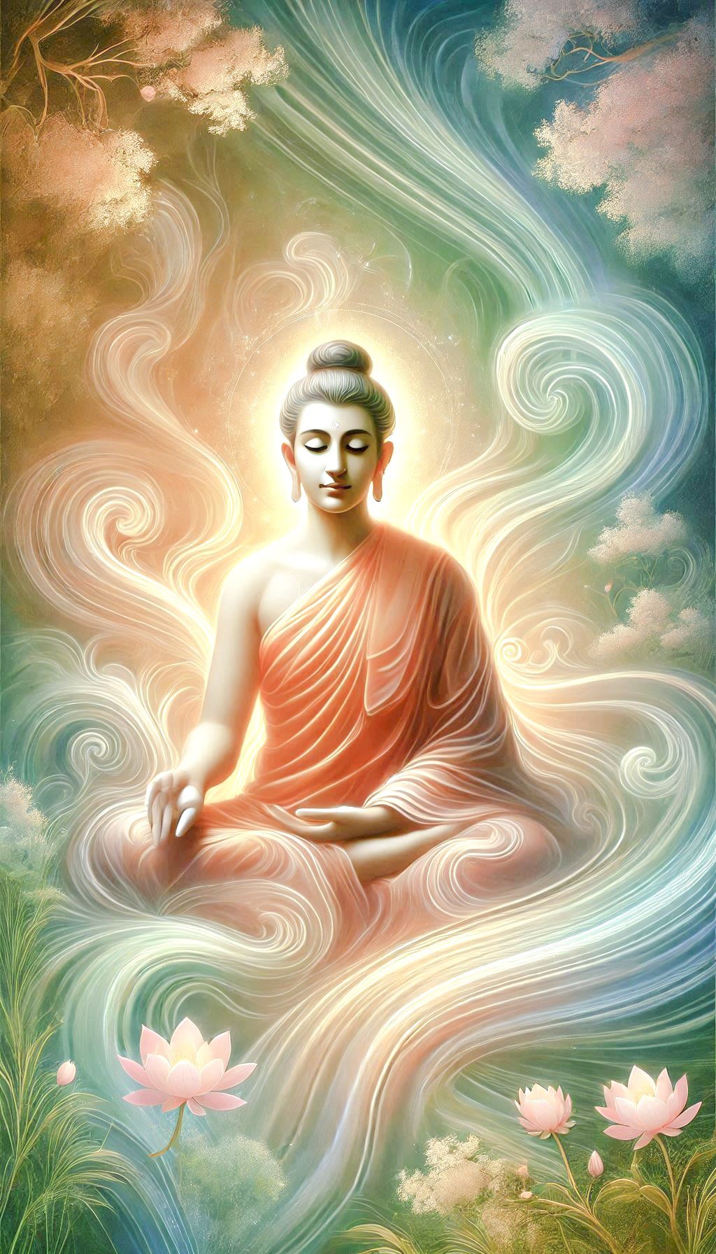 Buddha meditating amidst lotus flowers