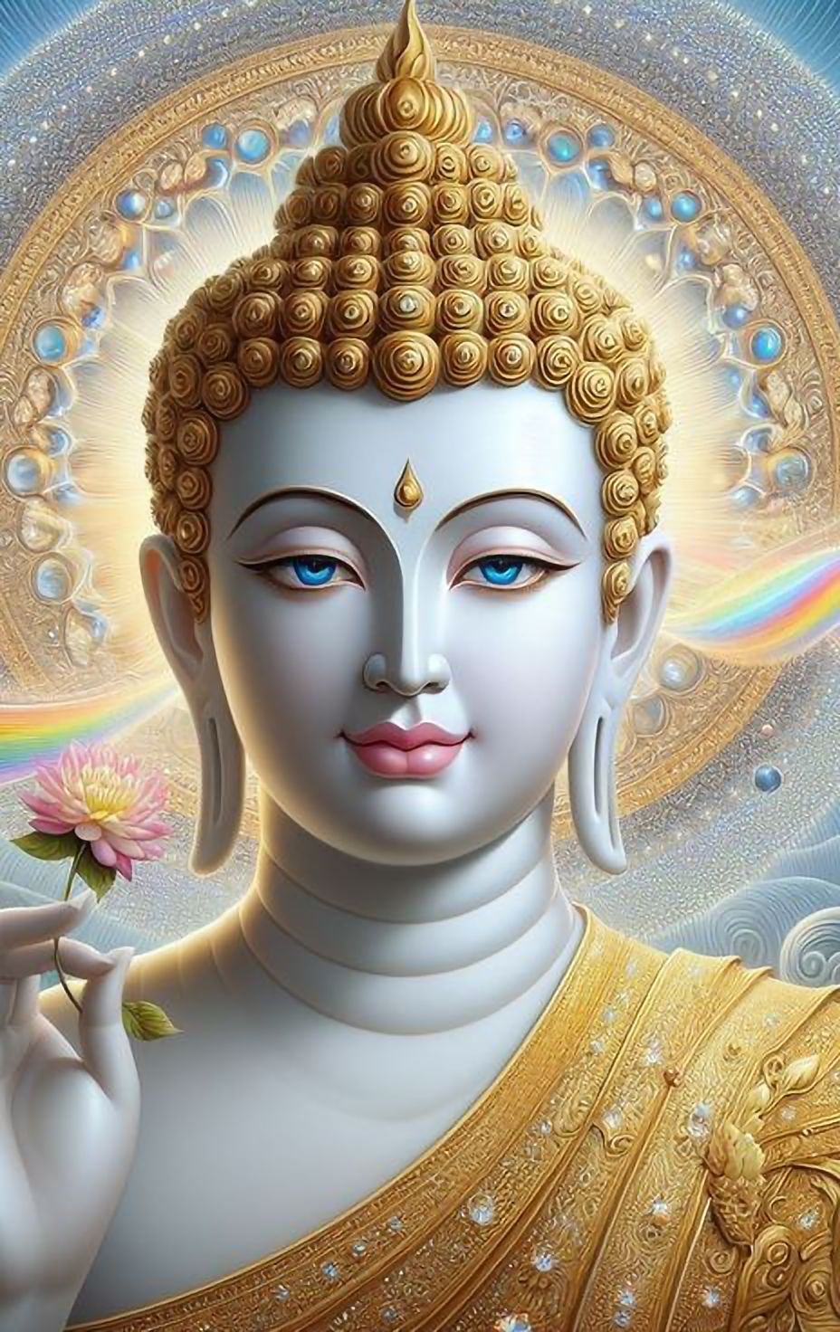 Peaceful Buddha portrait with golden halo.