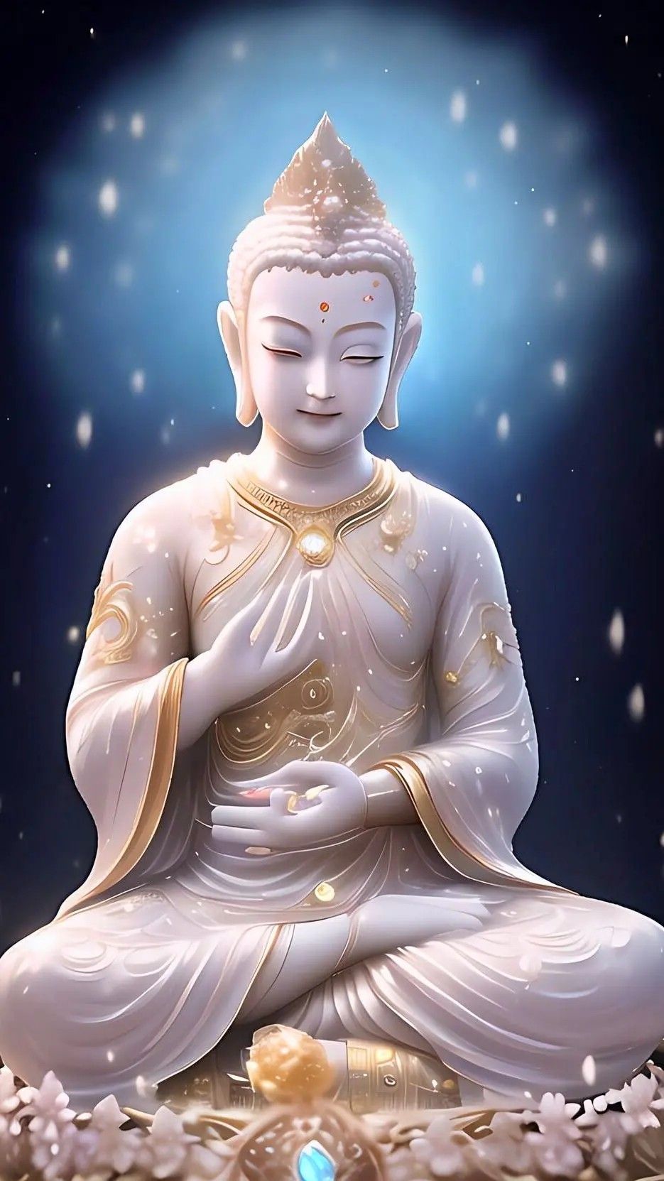 Buddha in meditative pose, radiating peace.