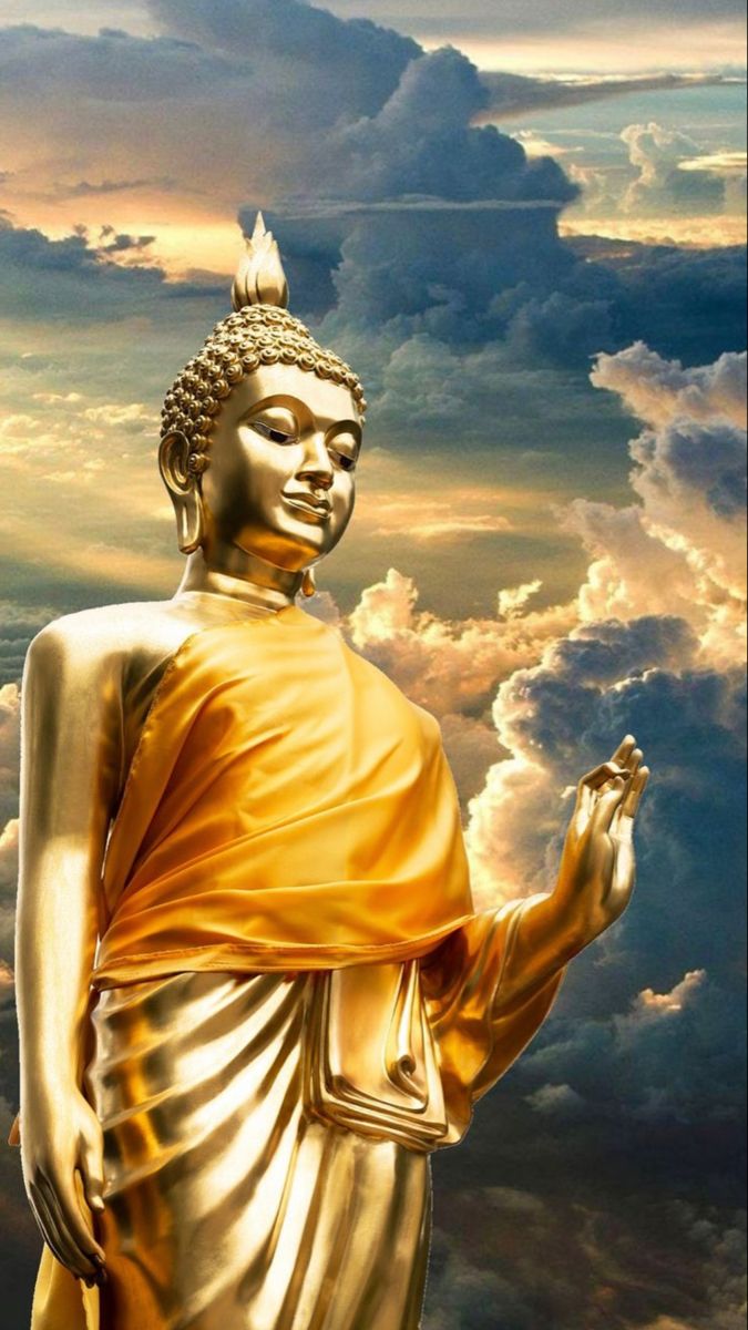 Golden Buddha statue among swirling clouds