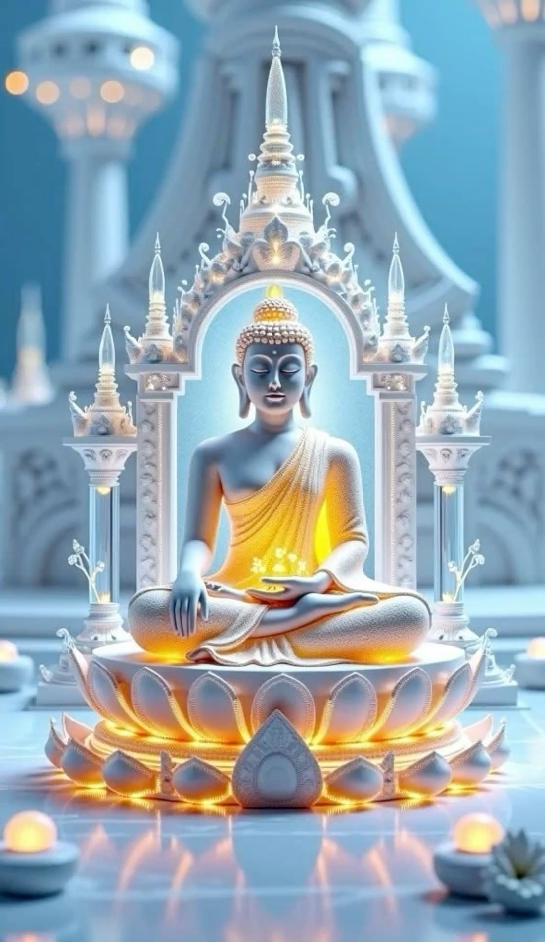 Buddha meditating on lotus flower.