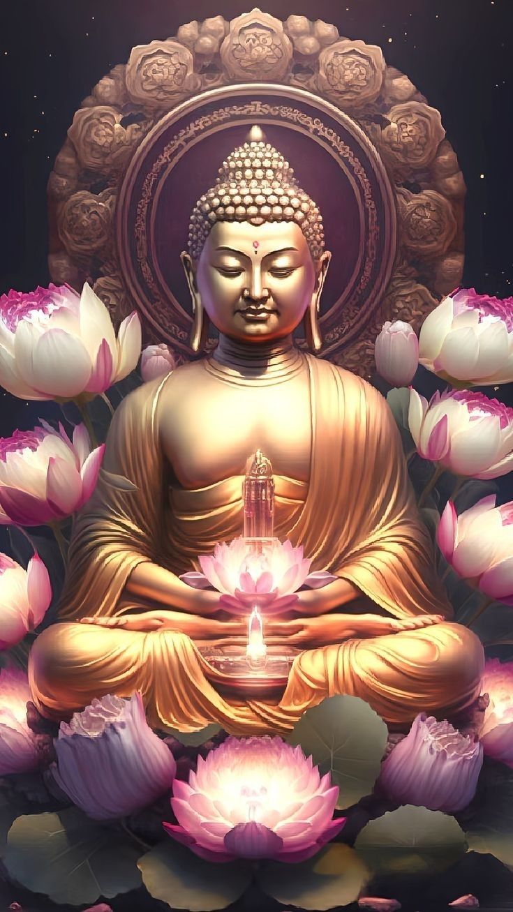 Buddha meditating amidst lotus flowers.