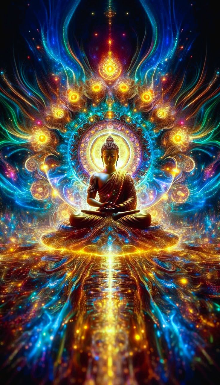 Buddha meditating in cosmic energy field