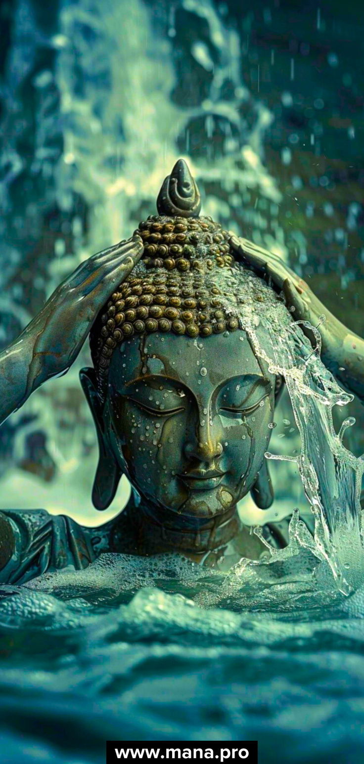 Buddha statue bathed in cascading water.
