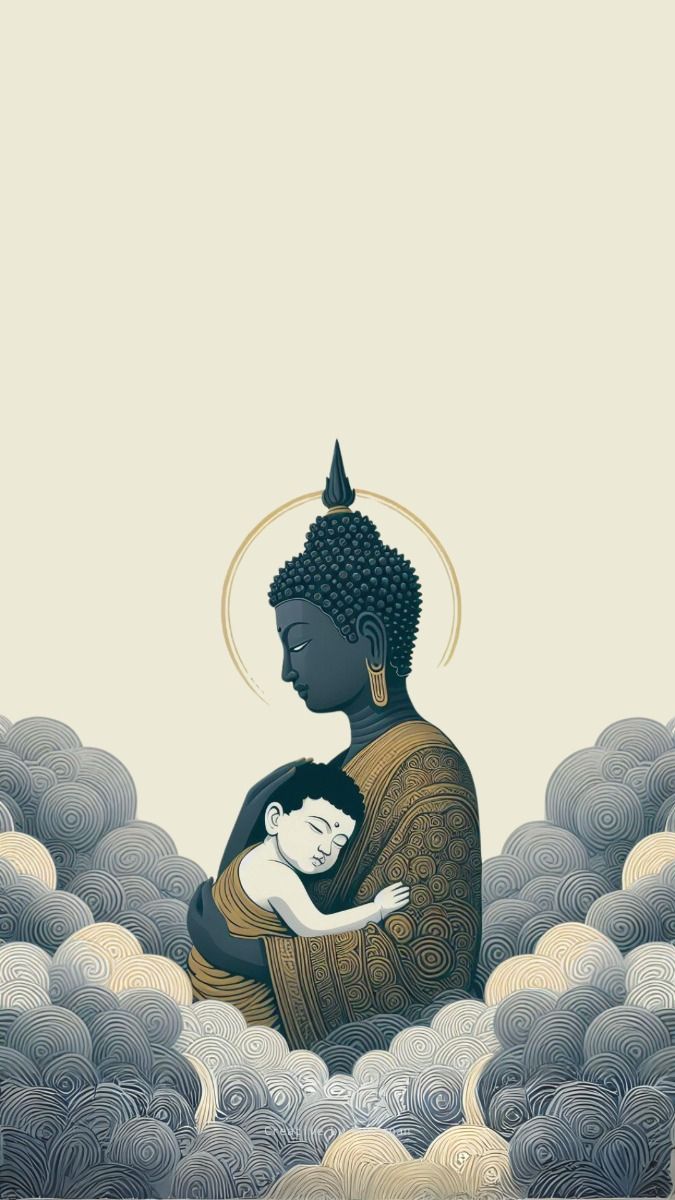 Buddha embracing figure among clouds